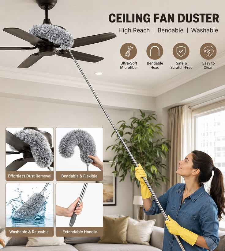 Microfiber Feather Duster | 100-Inch Extendable & Bendable Handle | 360° Flexible Fan & High-Reach Cleaning Duster