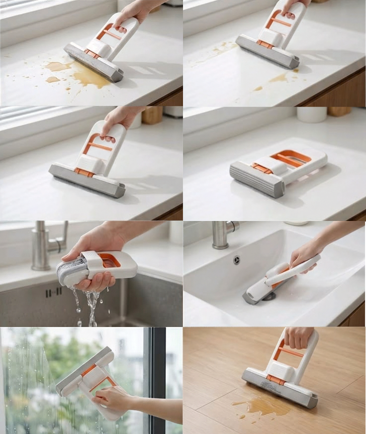 Mini Portable Self-Squeeze Sponge Mop | Compact Kitchen & Multi-Surface Cleaner | Pack of 2