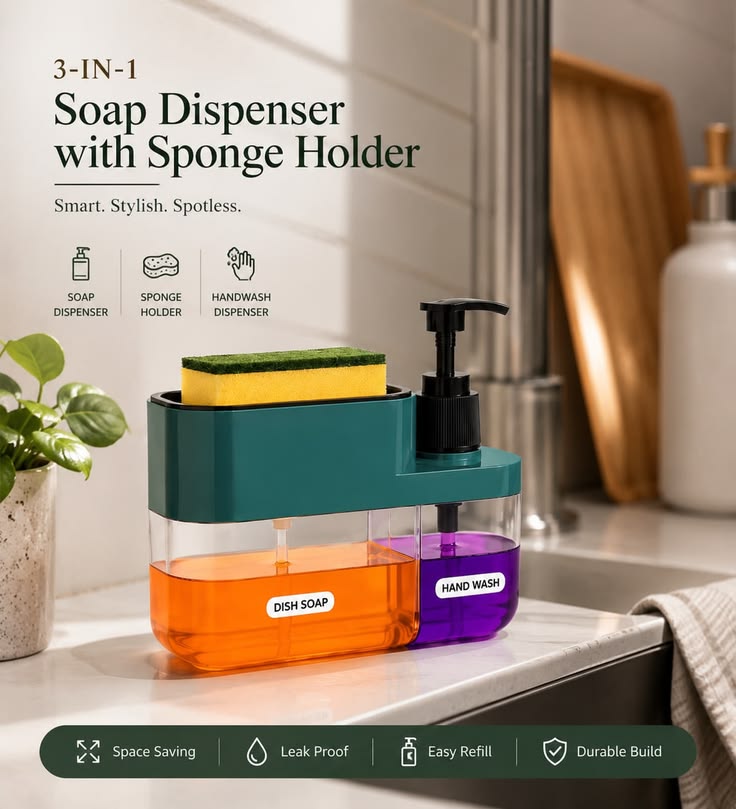 3-in-1 Kitchen Sink Organizer with Soap Dispenser | Sponge Holder & Storage Tray | 1 L | Green