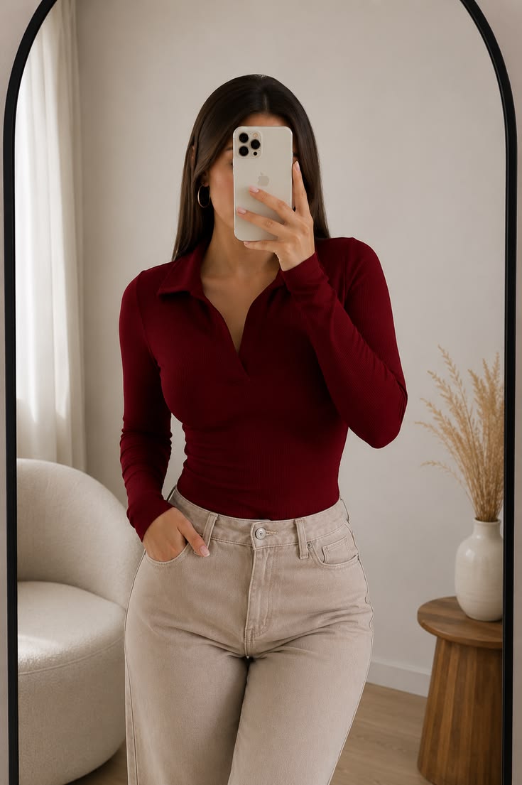 Women’s Maroon V-Neck Ribbed Collar Top | Long Sleeve Solid Polyester Top | 20-Inch Casual Wear