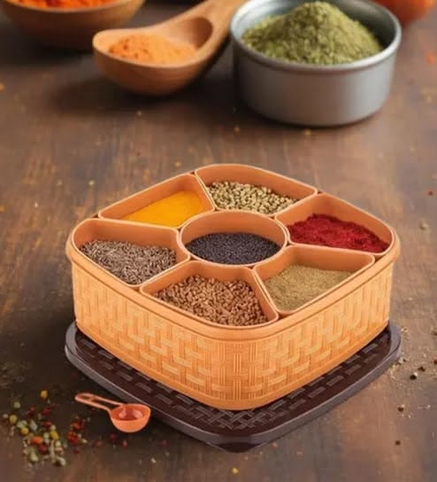 Freya 7-Section Square Spice Box | Plastic Masala Dabba & Kitchen Storage Container | Brown | Pack of 1