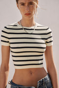Women’s Classy Striped Top White | Cotton Blend Short Sleeve Western Top | Casual & Summer Wear