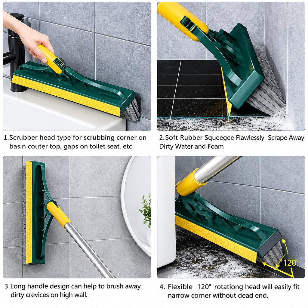 2-in-1 Bathroom Cleaning Brush with Wiper | 120° Rotating Head | Long Handle Floor & Toilet Scrub Brush