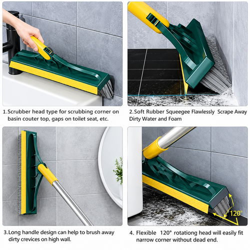 2-in-1 Bathroom Cleaning Brush with Wiper | 120° Rotating Head | Long Handle Floor & Toilet Scrub Brush