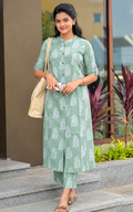 Women’s Green Floral Printed Kurta Pant Set | Mandarin Collar A-Line Cotton Blend Kurti | Party & Festive Wear
