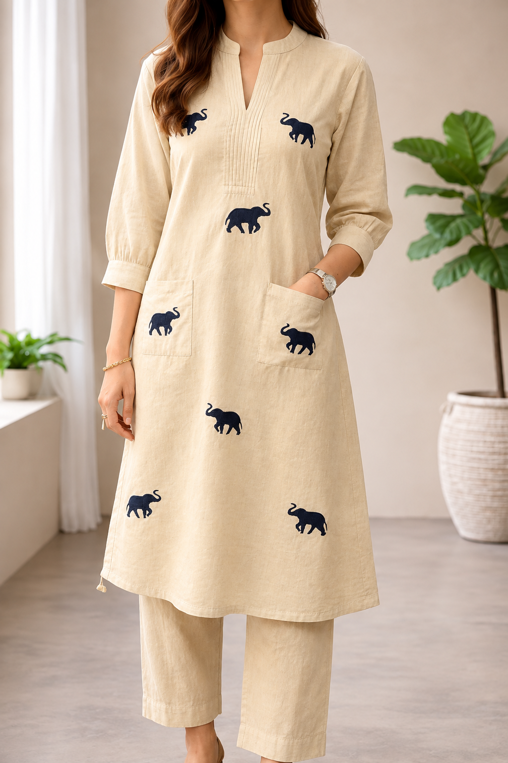 Women's White Khadi Cotton Kurta Set | Elephant Embroidered Kurti with Pant | A-Line Festive Ethnic Wear