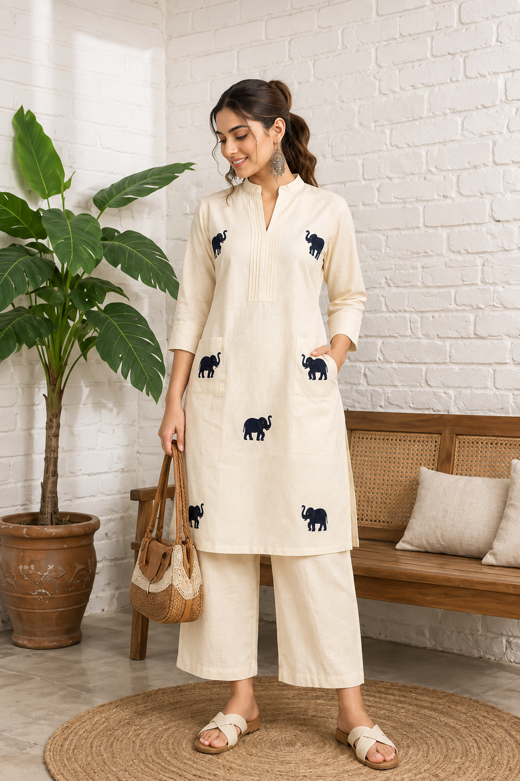 Women's White Khadi Cotton Kurta Set | Elephant Embroidered Kurti with Pant | A-Line Festive Ethnic Wear