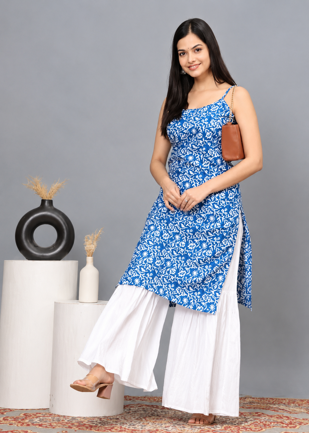 Women’s Printed Rayon Sharara Set Blue | Sleeveless Kurta with Palazzo Bottom | Festive & Ethnic Wear