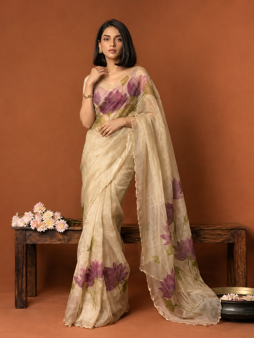 FANDY-LOTUS Women’s Beige Floral Printed Satin Silk Saree with Running Blouse | Festive & Party Wear | Free Size
