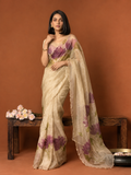FANDY-LOTUS Women’s Beige Floral Printed Satin Silk Saree with Running Blouse | Festive & Party Wear | Free Size