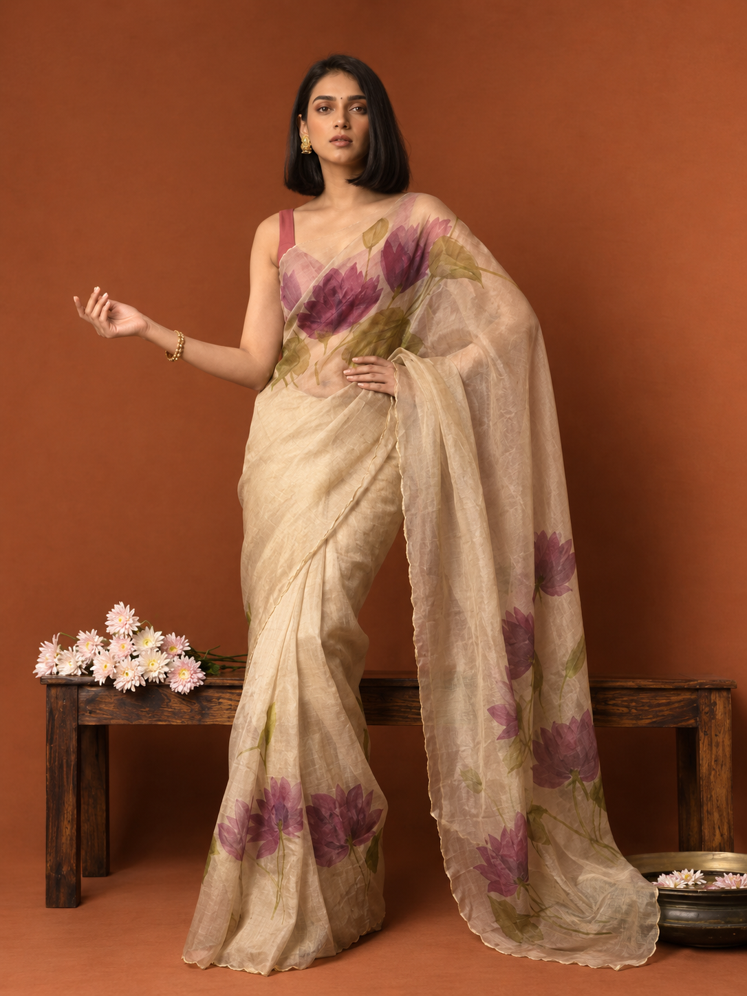 FANDY-LOTUS Women’s Beige Floral Printed Satin Silk Saree with Running Blouse | Festive & Party Wear | Free Size