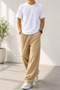 Men’s Solid Beige Loose Fit Track Pants | Cotton Blend Wide-Leg Lower with Drawstring | Casual Streetwear