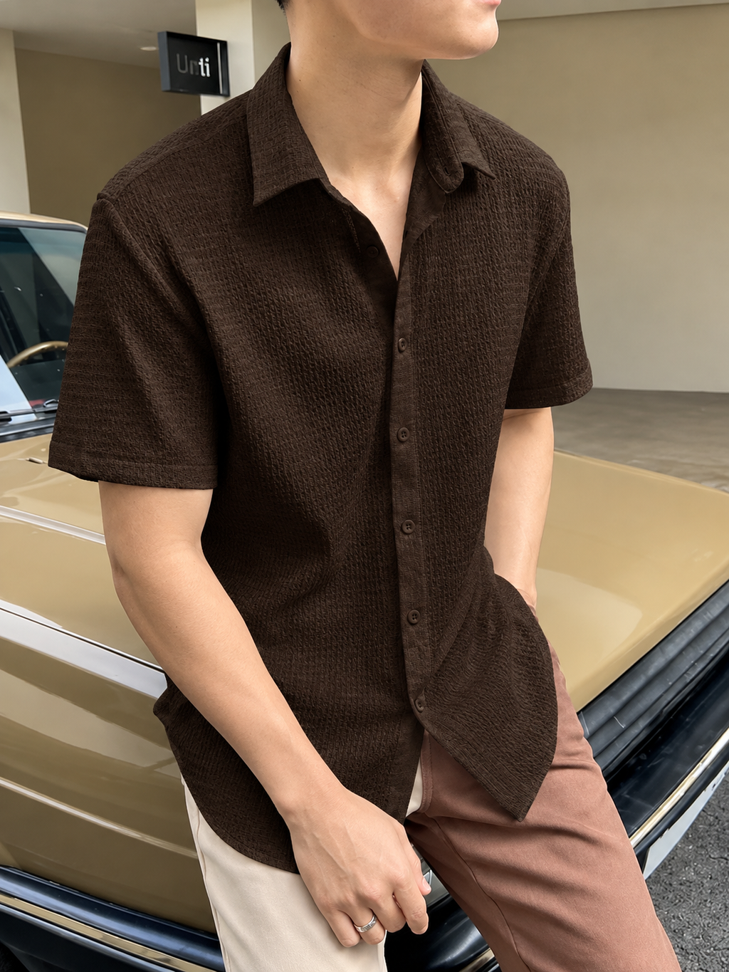 Men’s Solid Popcorn Texture Shirt Brown | Short Sleeve Textured Casual Shirt | Trendy Everyday Wear