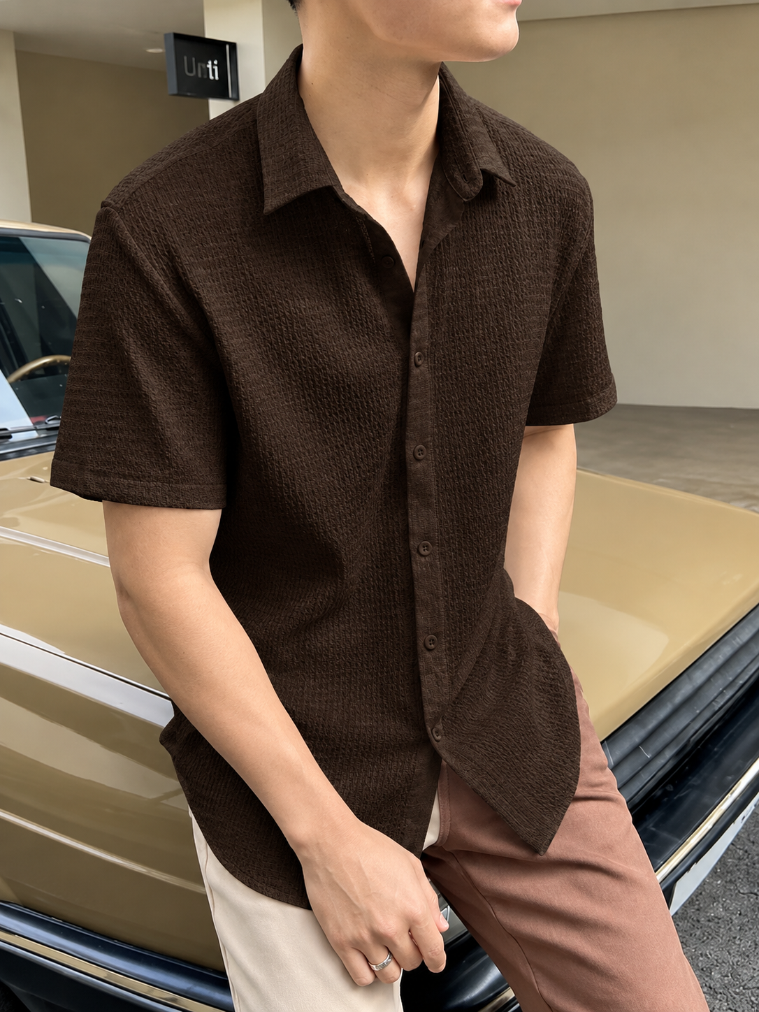 Men’s Solid Popcorn Texture Shirt Brown | Short Sleeve Textured Casual Shirt | Trendy Everyday Wear