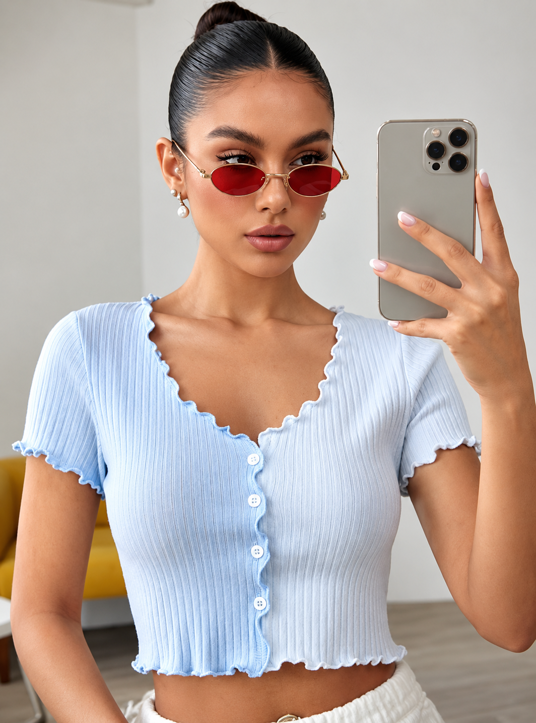 Women’s Blue & White Colorblocked Crop Top | Sleeveless V-Neck Polycotton Top | Trendy Y2K Summer Wear