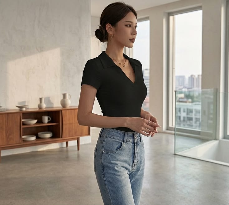 Stylish Women's Ribbed Collared Top | V-Neck Short Sleeve Slim Fit Top | Cotton Blend Casual Wear