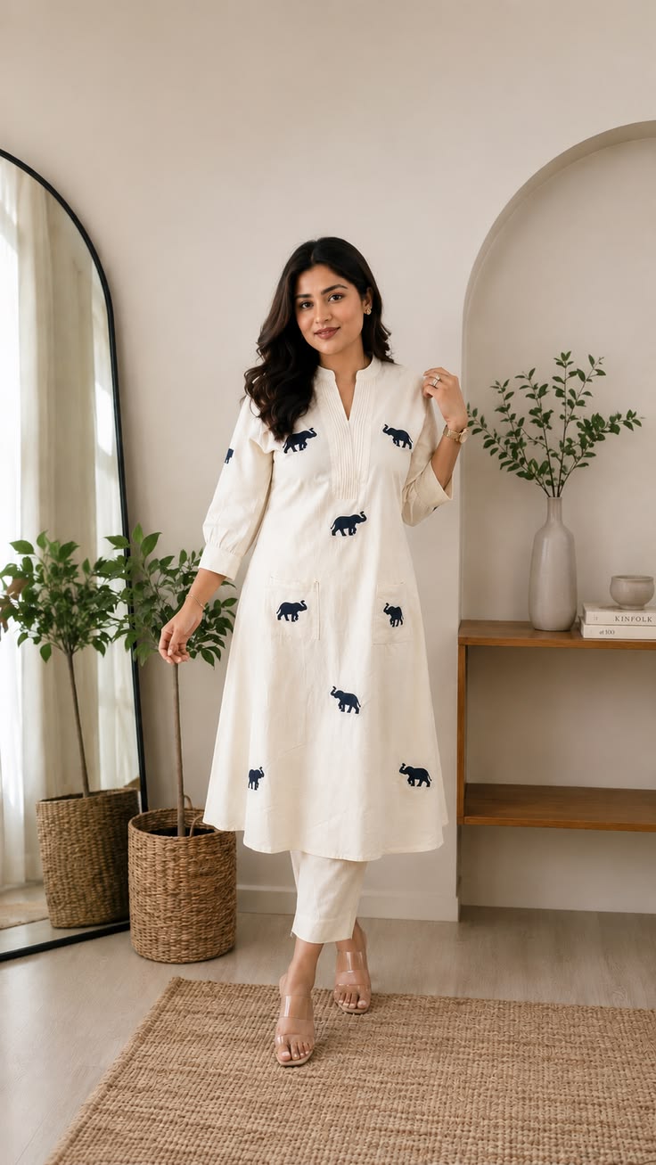 Women's White Khadi Cotton Kurta Set | Elephant Embroidered Kurti with Pant | A-Line Festive Ethnic Wear