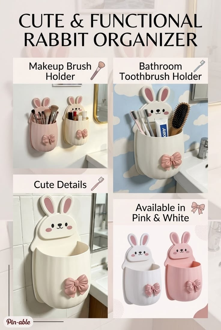 Pack of 4 Rabbit Toothbrush Holders | Wall-Mounted Self-Adhesive Bathroom Organizer | Toothbrush & Toothpaste Holder | Multicolour