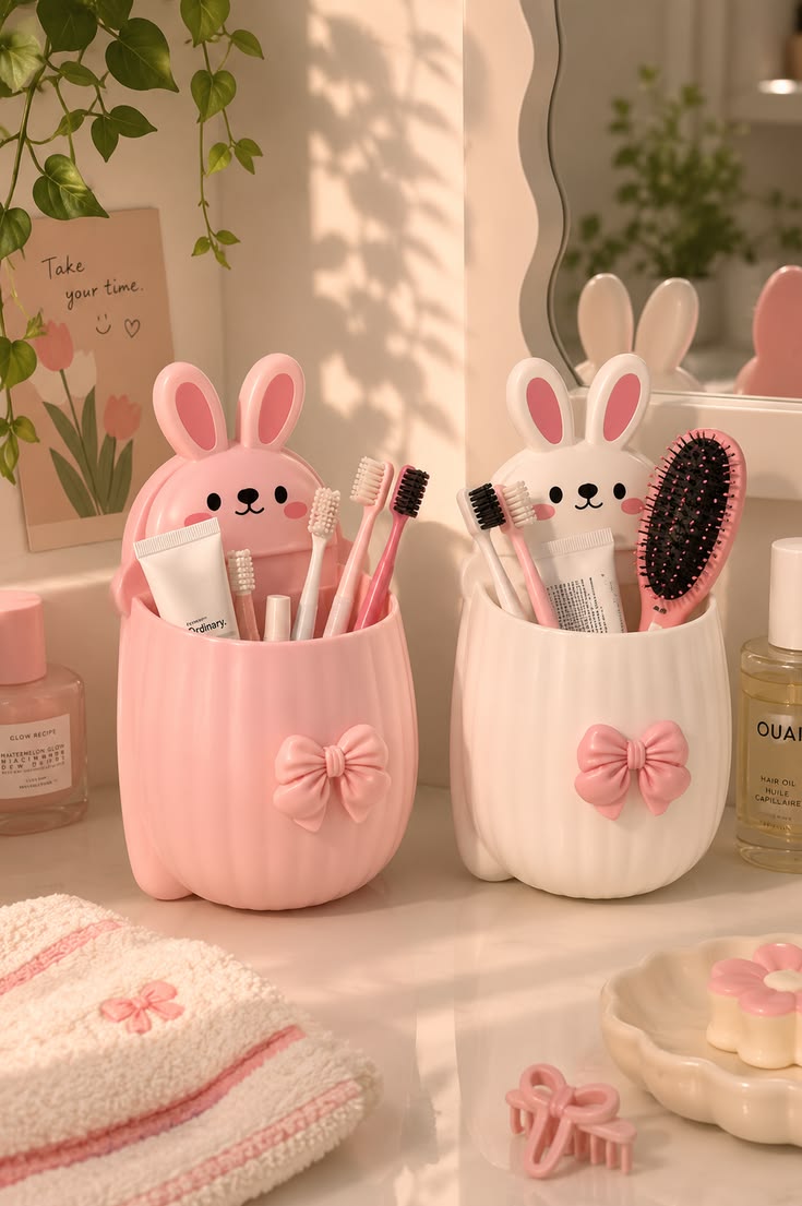 Pack of 4 Rabbit Toothbrush Holders | Wall-Mounted Self-Adhesive Bathroom Organizer | Toothbrush & Toothpaste Holder | Multicolour