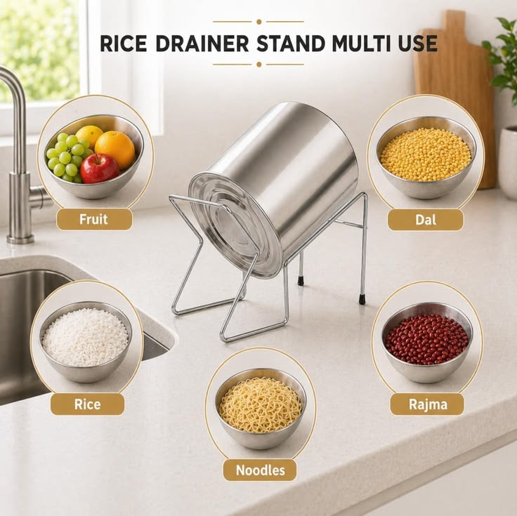 VIGNESHGENIX Stainless Steel Rice Pot Drainer | Multipurpose Kitchen Strainer for Rice, Noodles, Fruits & Beans | Pack of 1