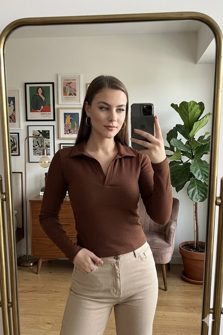 Women’s Coffee V-Neck Ribbed Collar Top | Long Sleeve Solid Polyester Top | 20-Inch Casual Wear