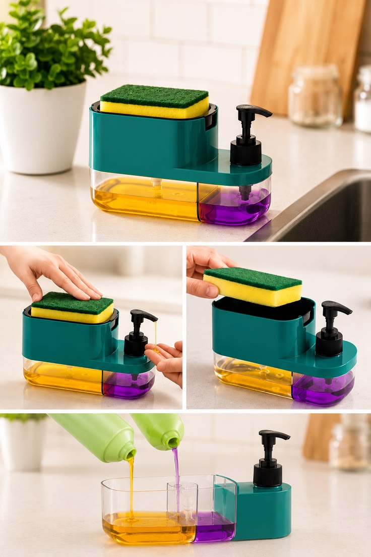 3-in-1 Kitchen Sink Organizer with Soap Dispenser | Sponge Holder & Storage Tray | 1 L | Green