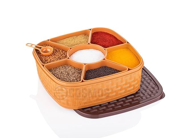 Freya 7-Section Square Spice Box | Plastic Masala Dabba & Kitchen Storage Container | Brown | Pack of 1