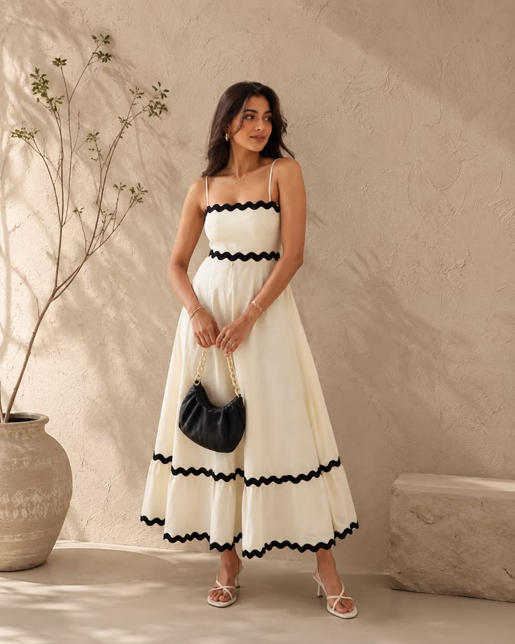 Sheetal Associates Women’s Off White Cotton Maxi Dress | Sleeveless Solid Dress with Black Wavy Trim