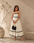 Sheetal Associates Women’s Off White Cotton Maxi Dress | Sleeveless Solid Dress with Black Wavy Trim
