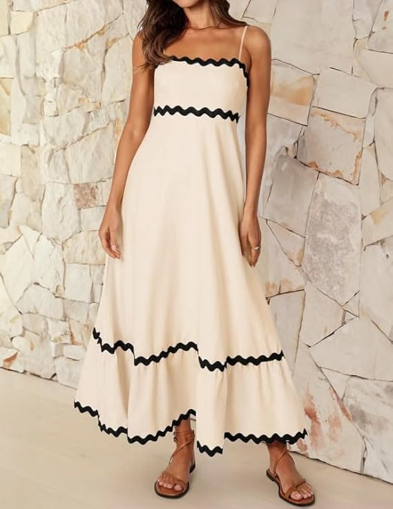 Sheetal Associates Women’s Off White Cotton Maxi Dress | Sleeveless Solid Dress with Black Wavy Trim