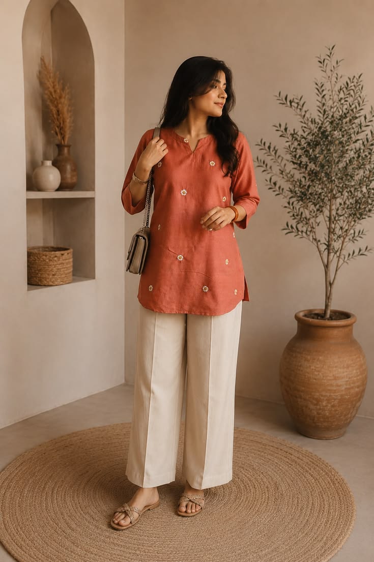 Women's Peach Printed Cotton Short Kurti | 3/4 Sleeve Casual Indo-Western Kurti Top | Daily & Office Wear