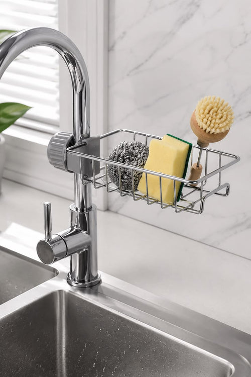 ArrayStyle Stainless Steel Sink Sponge Caddy | Faucet-Mounted Organizer with Towel Holder | Soap & Scrubber Rack | Pack of 1