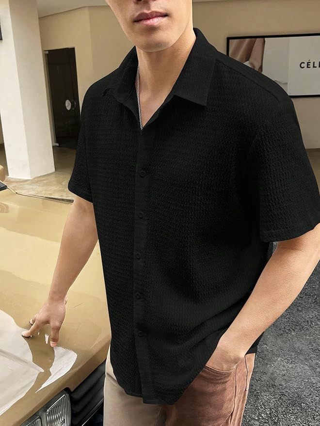 Men’s Solid Popcorn Texture Shirt Black | Short Sleeve Textured Casual Shirt | Trendy Smart-Casual Wear