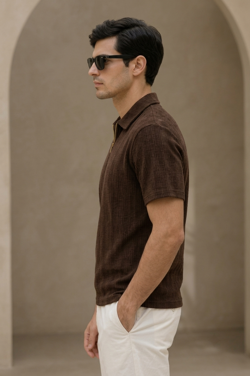 Men’s Premium Ribbed Polo T-Shirt | Zipper Collar Half Sleeve Tee | Polycotton Regular Fit Casual Wear