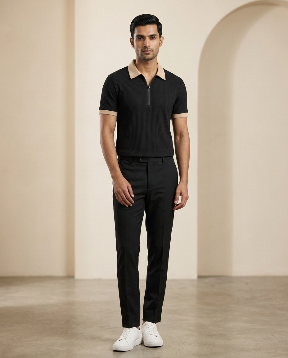 PARALLEL TIMES Men’s Premium Textured Polo T-Shirt | Zip-Neck Beige Polo with Black Collar | Polycotton Half Sleeve