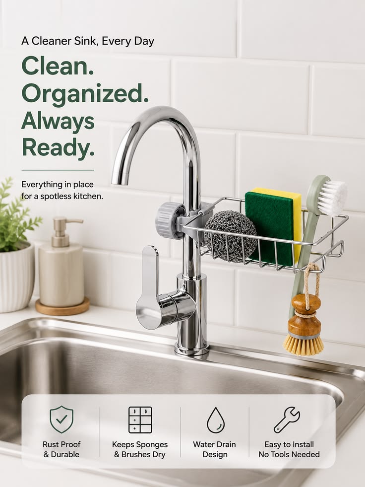 ArrayStyle Stainless Steel Sink Sponge Caddy | Faucet-Mounted Organizer with Towel Holder | Soap & Scrubber Rack | Pack of 1