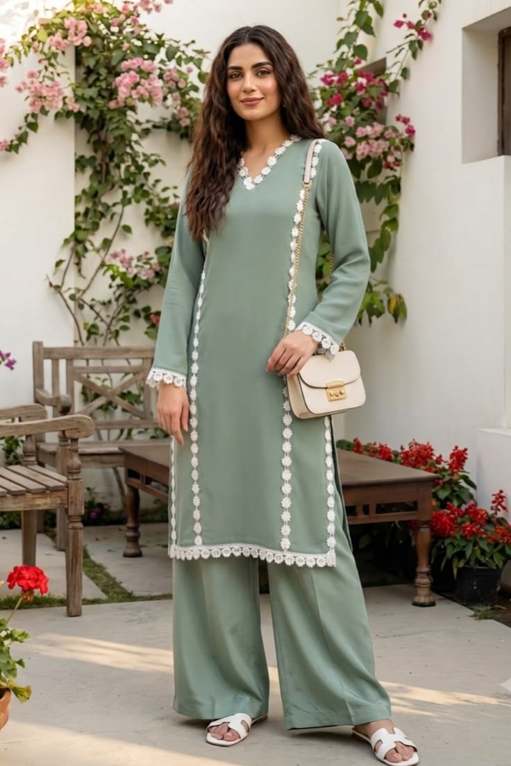 Women’s Grey Lace Kurta Pant Set | A-Line Rayon Kurta with Matching Pants | Festive & Office Ethnic Wear