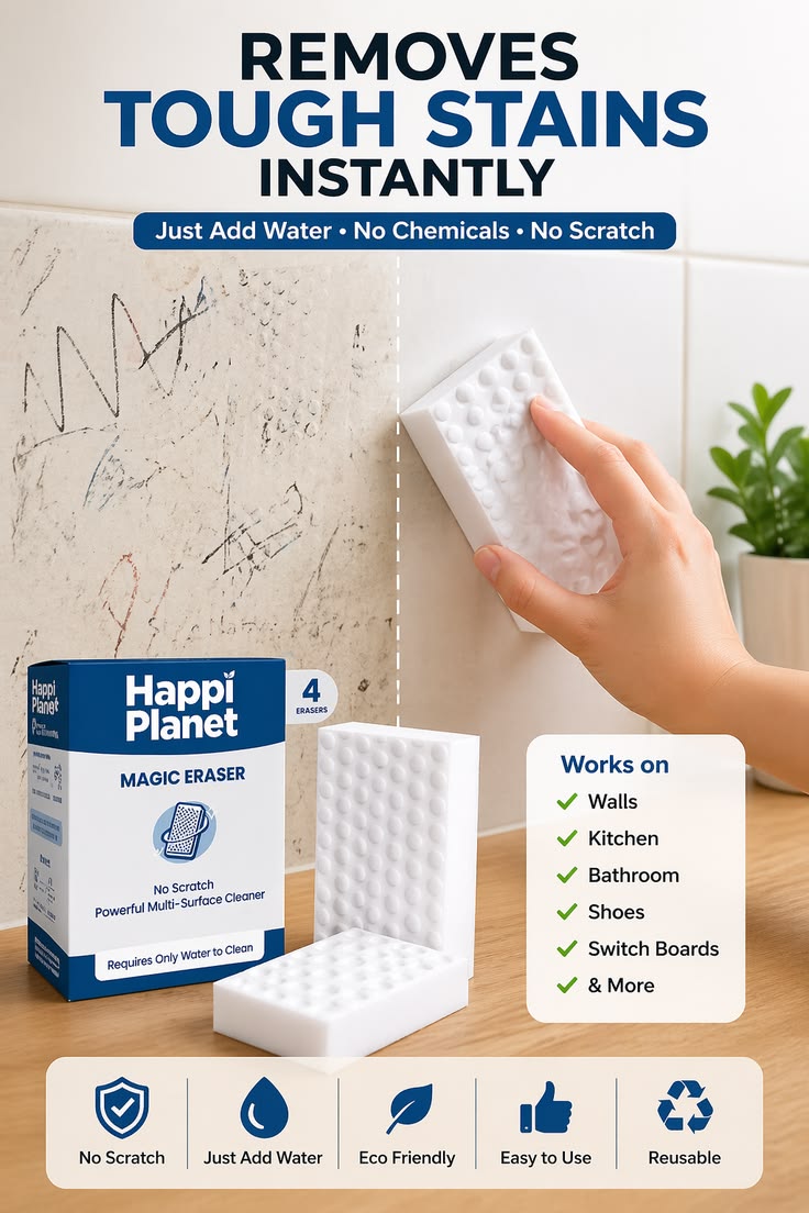Happi Planet Magic Eraser – Pack of 4 | Multi-Surface Cleaning Sponge | Water-Activated Stain Remover
