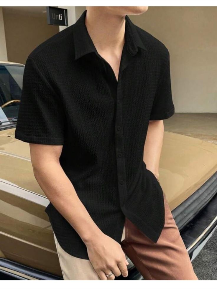 Men’s Solid Popcorn Texture Shirt Black | Short Sleeve Textured Casual Shirt | Trendy Smart-Casual Wear