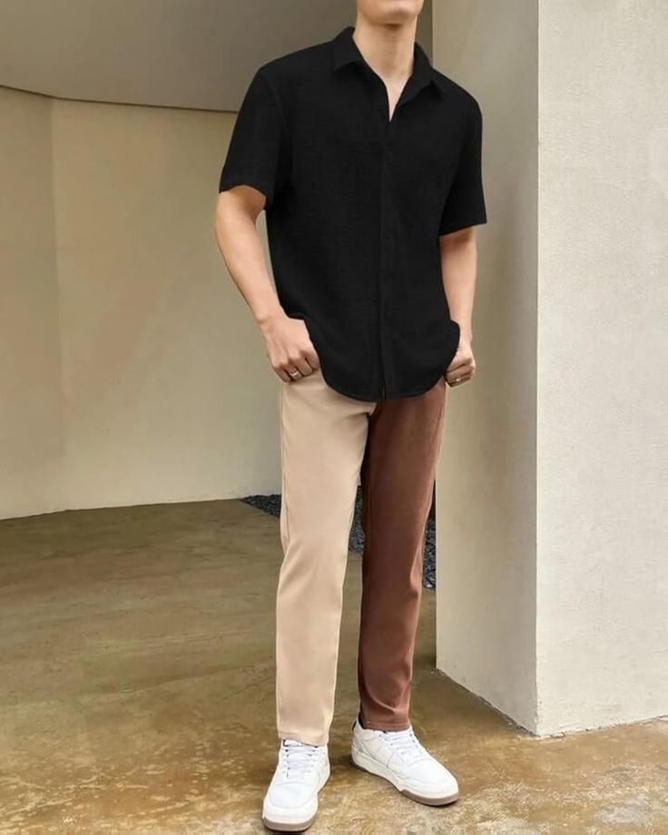 Men’s Solid Popcorn Texture Shirt Black | Short Sleeve Textured Casual Shirt | Trendy Smart-Casual Wear