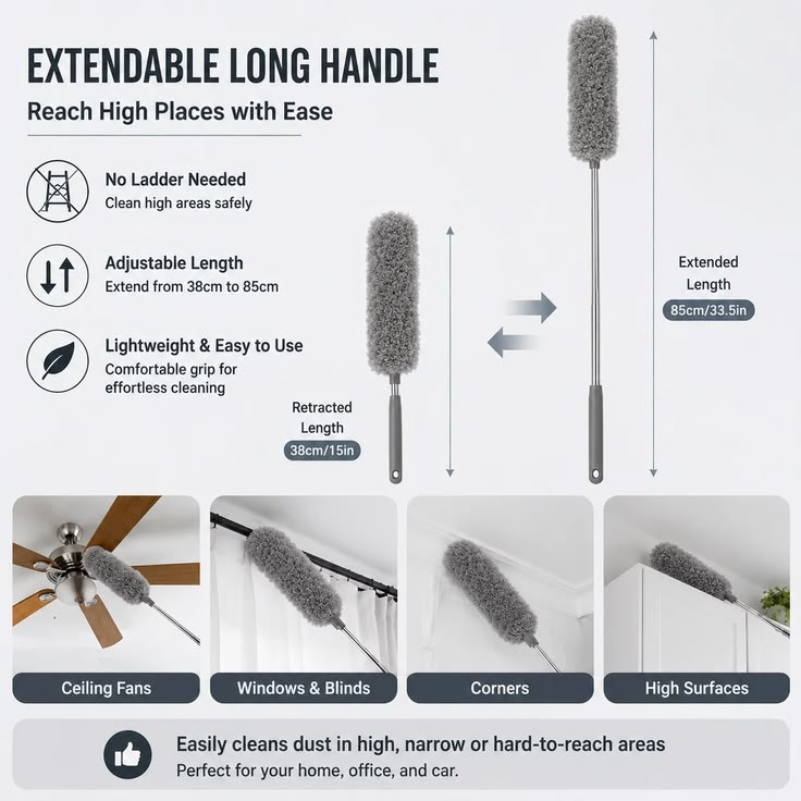 Microfiber Feather Duster | 100-Inch Extendable & Bendable Handle | 360° Flexible Fan & High-Reach Cleaning Duster