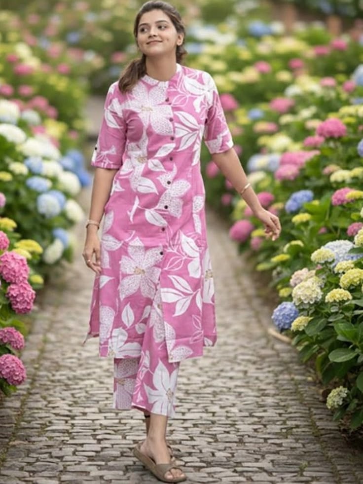 Women’s Pink Floral Printed A-Line Kurta Palazzo Set | Mandarin Collar Cotton Blend Kurta | Office & Casual Wear