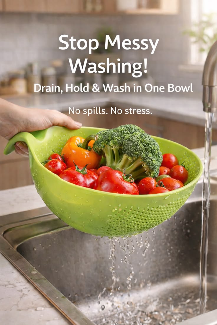 Multipurpose Vegetable Strainer & Rice Washing Bowl | Plastic Kitchen Colander & Drain Basket | Green | Pack of 1