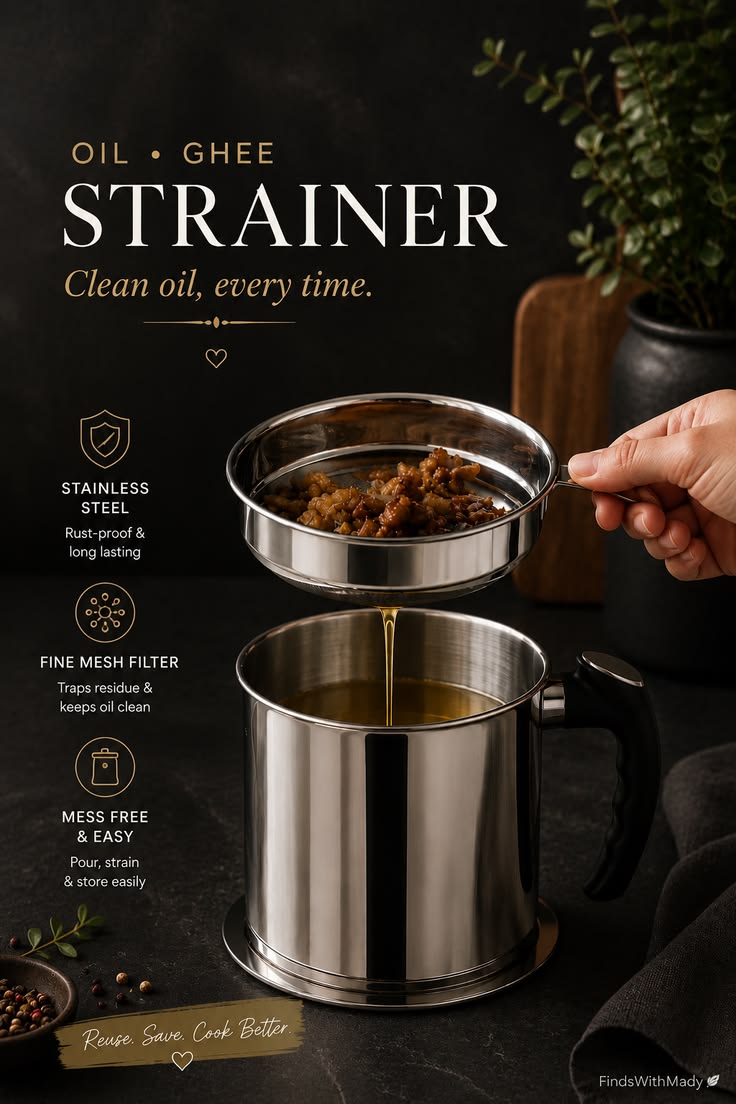 HADPA STORE Stainless Steel Oil Strainer Pot | Reusable Cooking Oil & Grease Container with Removable Mesh Filter, Lid & Handle | Pack of 1