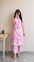 Women’s Pink Floral Printed A-Line Kurta Palazzo Set | Mandarin Collar Cotton Blend Kurta | Office & Casual Wear