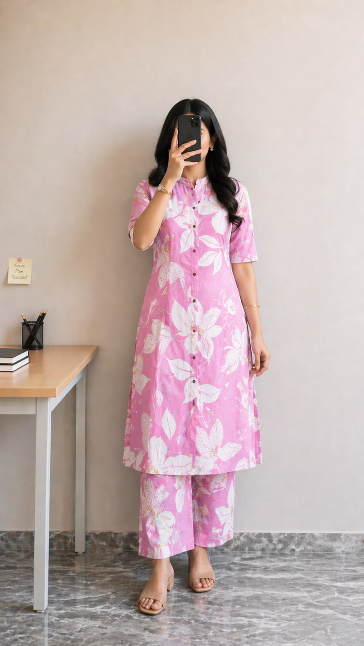 Women’s Pink Floral Printed A-Line Kurta Palazzo Set | Mandarin Collar Cotton Blend Kurta | Office & Casual Wear