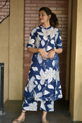 Women’s Blue Floral Printed Kurta Palazzo Set | Mandarin Collar A-Line Cotton Blend Kurta | Daily Wear