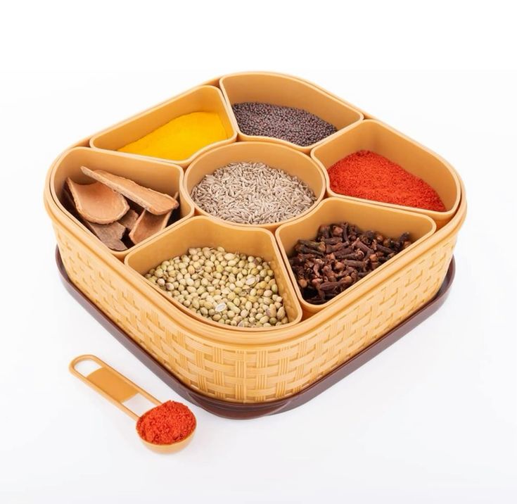 Freya 7-Section Square Spice Box | Plastic Masala Dabba & Kitchen Storage Container | Brown | Pack of 1