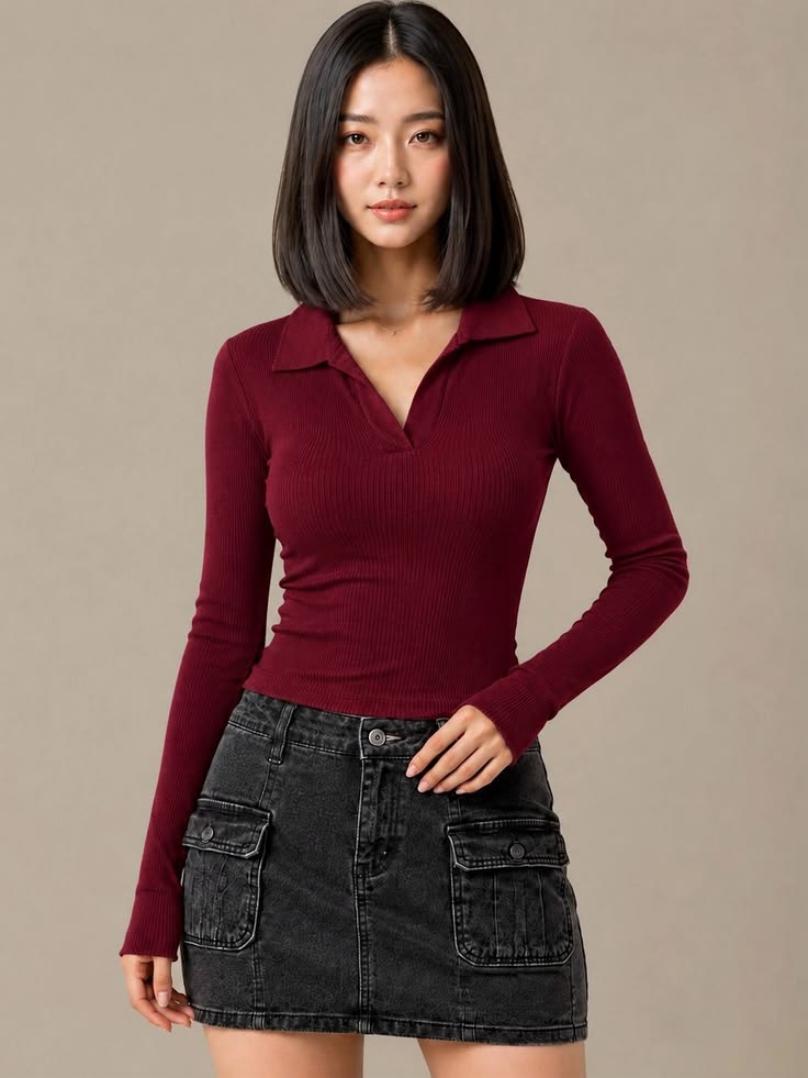 Women’s Maroon V-Neck Ribbed Collar Top | Long Sleeve Solid Polyester Top | 20-Inch Casual Wear
