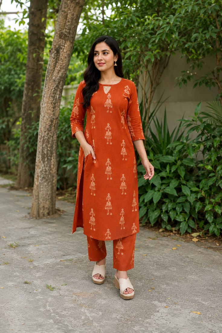 Women’s Orange Floral Printed Kurti Pant Set | Tesla Slub Cotton Blend A-Line Kurta | Festive & Party Wear